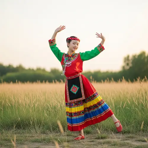 Colorful Traditional Clothing Dance in Sunset Field