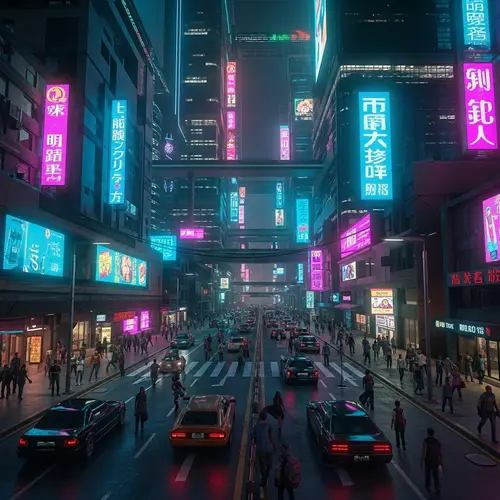 Futuristic Night Cityscape: Cyberpunk Neon Lights & Activity