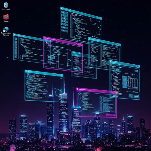 Futuristic Cyberpunk Linux OS Interface Painting