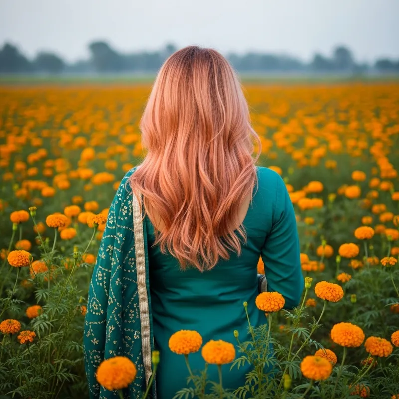 Peach-Haired Beauty Among Marigolds