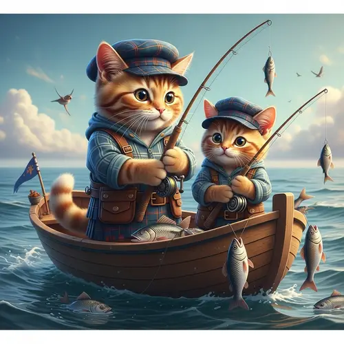 Scottish Father Cat and Son Fishing in Boat - Heartwarming Realistic Artwork