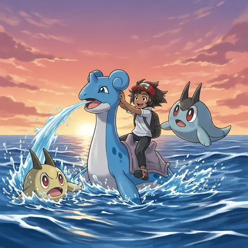 Pokemon Trainer in Sea with Corphish and Lapras