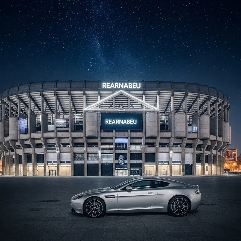 Santiago Bernabeu Stadium Night Wallpaper featuring Fernando Alonso's Aston Martin