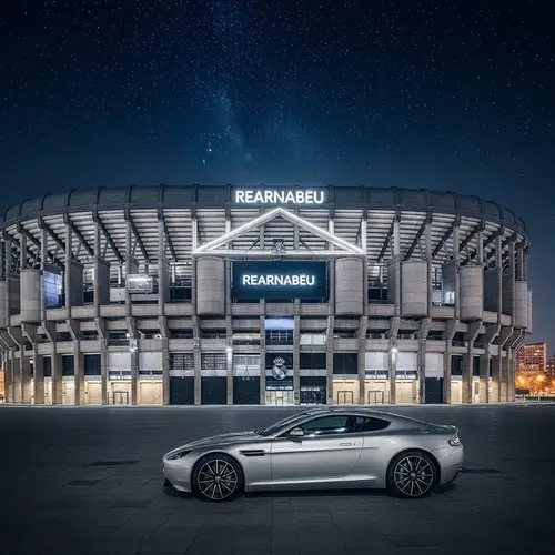 Night View Santiago Bernabeu Stadium Wallpaper with Luxury Sports Car
