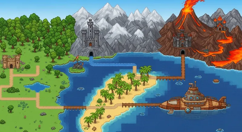 Adventure Pixel Art: Vast Plain, Oak Forest, Mountains, Submarine, and Volcano