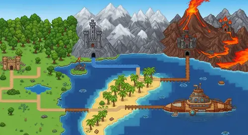 Pixel Art Image: Vast Plain, Oak Forest, Steep Mountains, Submarine, Volcano, and More