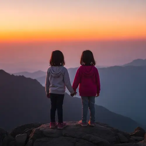 5-Year-Old South Asian Girls Admiring Majestic Mountain Sunrise