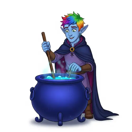 Blue Cute Guy with Colored Hair and Blue Cauldron
