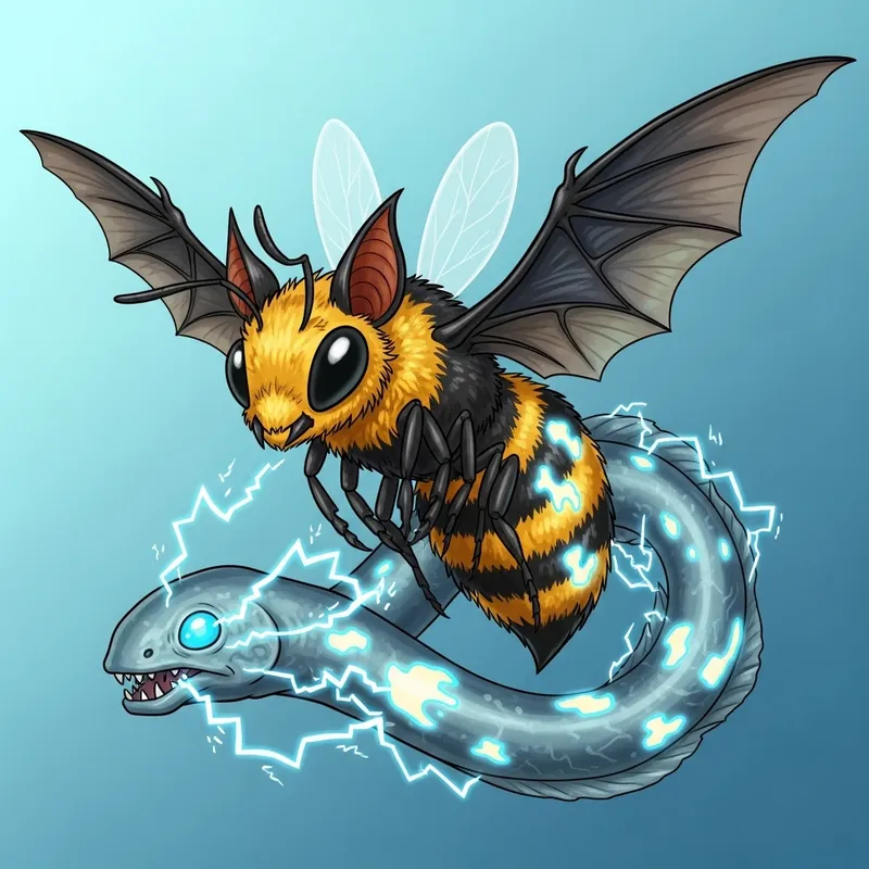Bee Bat Eel Hybrid Cartoon: Electrifying Creature Design