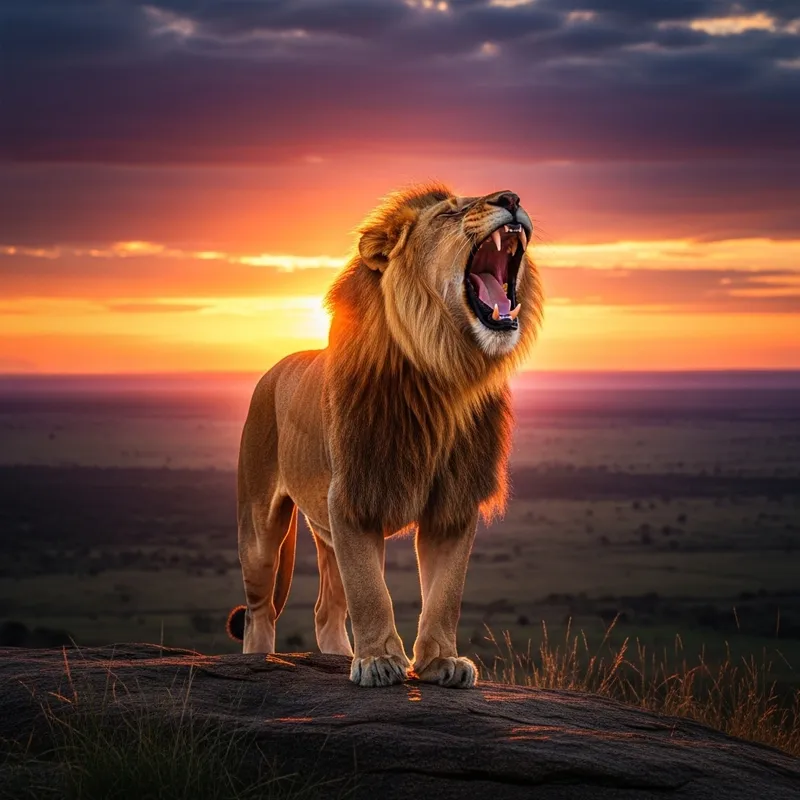 Regal Lion Roaring in African Savanna at Sunset