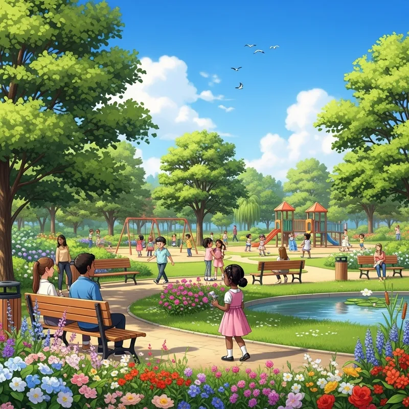 Tranquil Urban Park: Serenity, Greenery & Playful Scene Tranquil Urban Park: Serenity, Greenery & Playful Scene