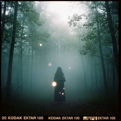 Mystical Figure in Fog-Laden Forest - Ethereal Art