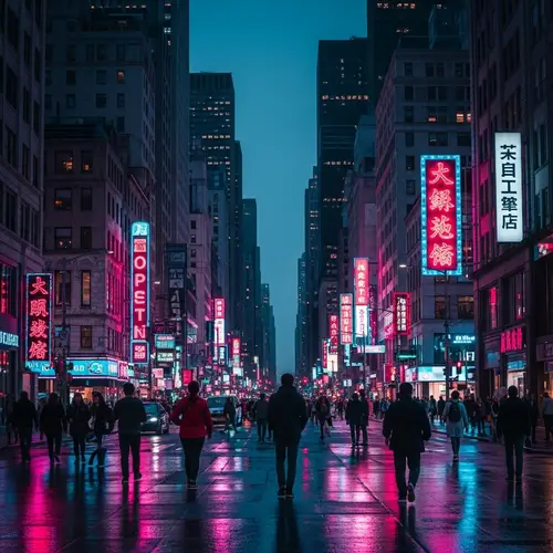 Vibrant Nightfall Urban Cityscape with Neon Lights