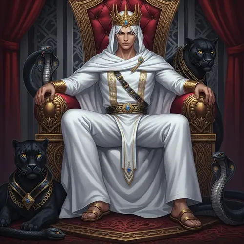 Elegant Eastern Man on Plush Throne Surrounded by Panthers and Serpents