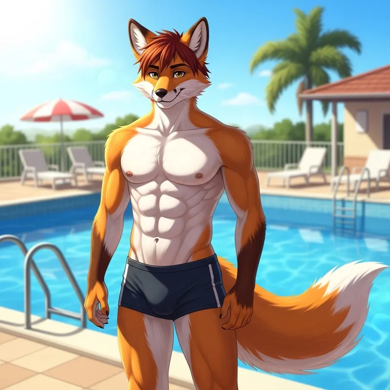 Confident Male Fox Demi-Human by the Poolside