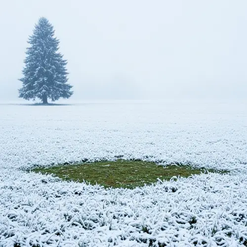 Snowy Field Landscape: Majestic Spruce Tree and Unexpected Green Grass