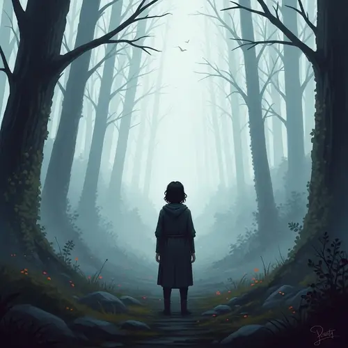 Mysterious Figure in Foggy Forest - Dreamlike Fantasy Painting
