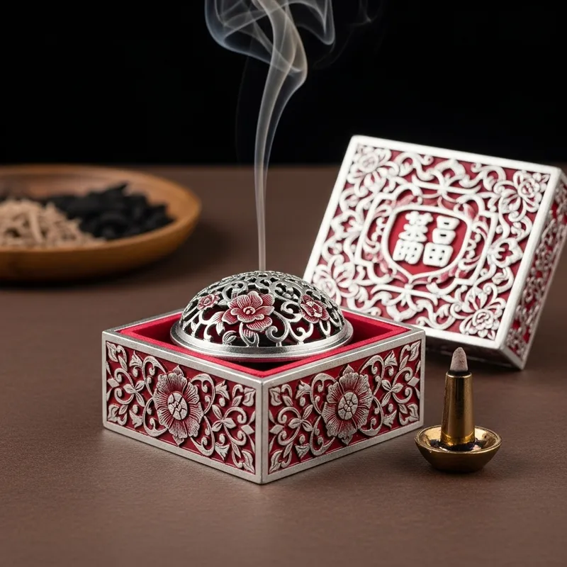 Intricate Chinese Incense Box with Floral Silver Red Design