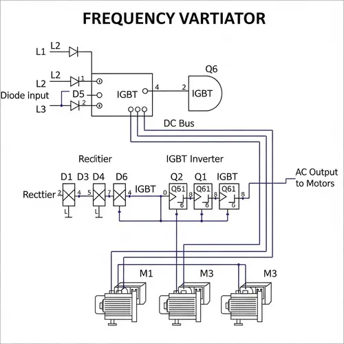 Frequency Variator Circuit with Motors, Diodes, and IGBT