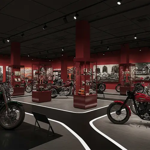 Harley Davidson Motorcycle Museum Interior in Burgundy and Black