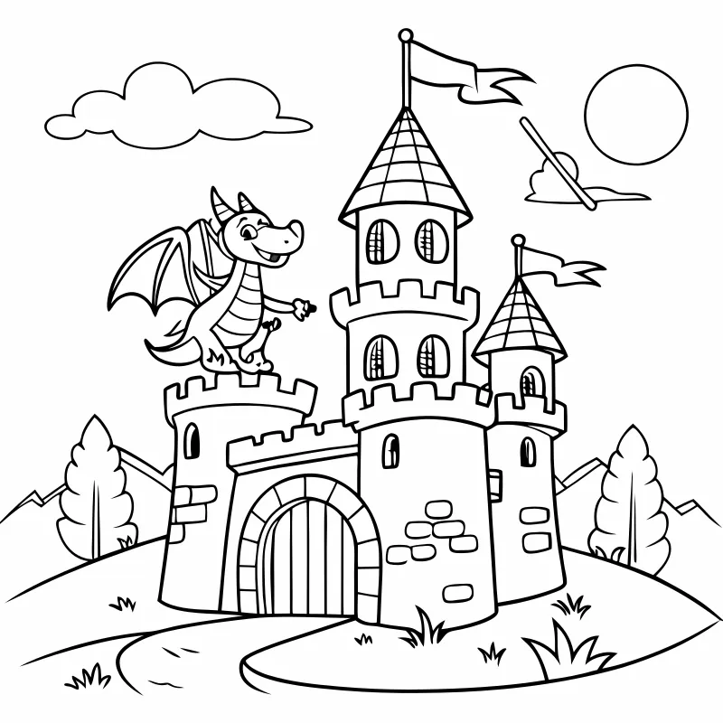 Fairy Tale Castle Coloring Page with Dragons