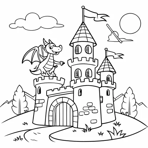Fairy Tale Castle Coloring Page with Dragons
