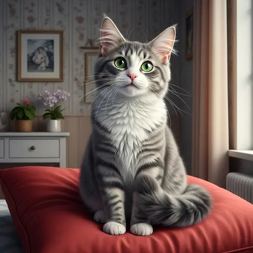 Detailed Image of Grey and White Fluffy Cat on Red Pillow