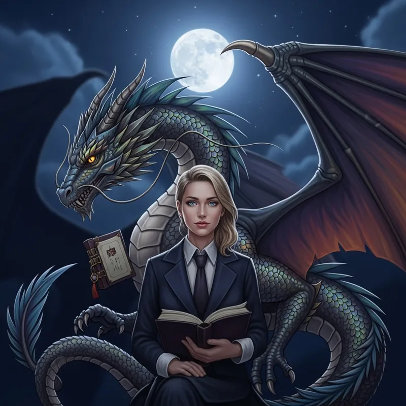 Elegance and Wisdom: Lady and Scholarly Dragon Beneath Moonlight