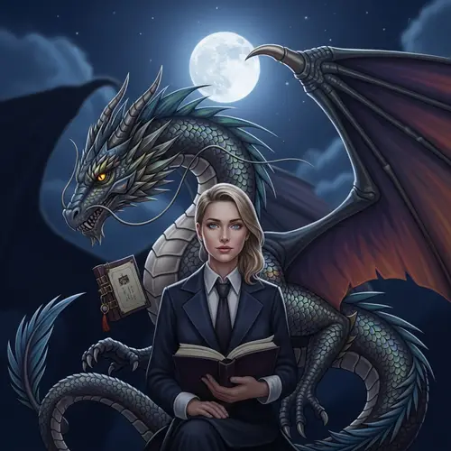 Elegant Woman with Scholarly Dragon Under Moonlight