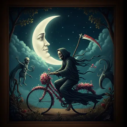 Surreal Digital Painting of Grim Reaper Riding Blossom-Adorned Bicycle