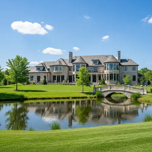 Tranquil Suburban Mansion with Reflecting Pond and Stone Architecture