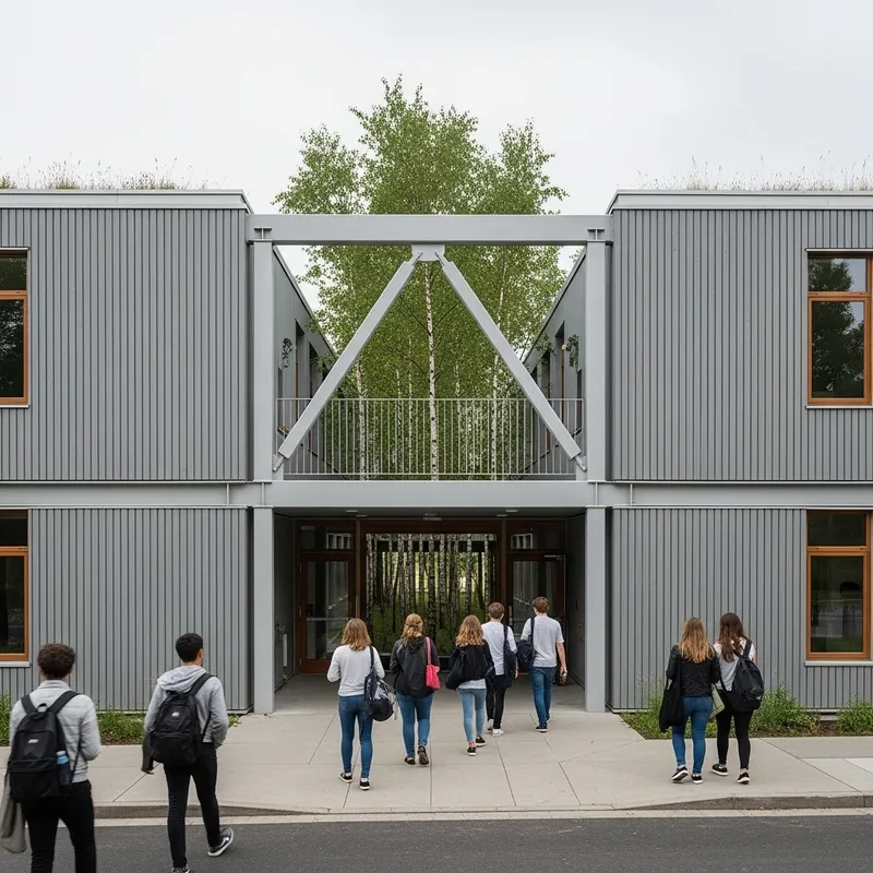 Modern School Building Design with Vertical Gray Cladding | Sustainable Rooftop Gardens