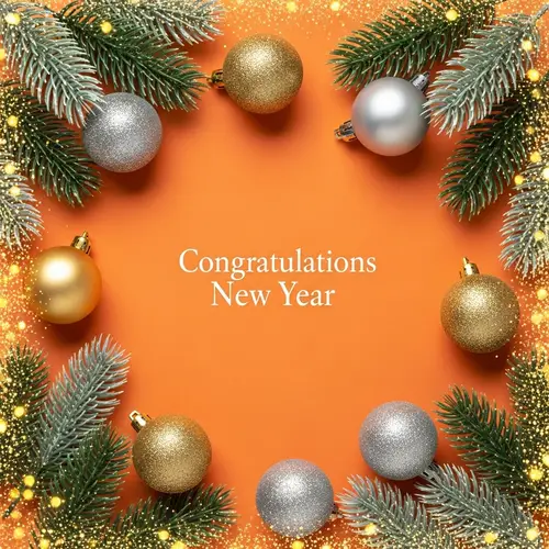 Festive New Year's Greeting Card with Shiny Toy Balls and Fir Branches