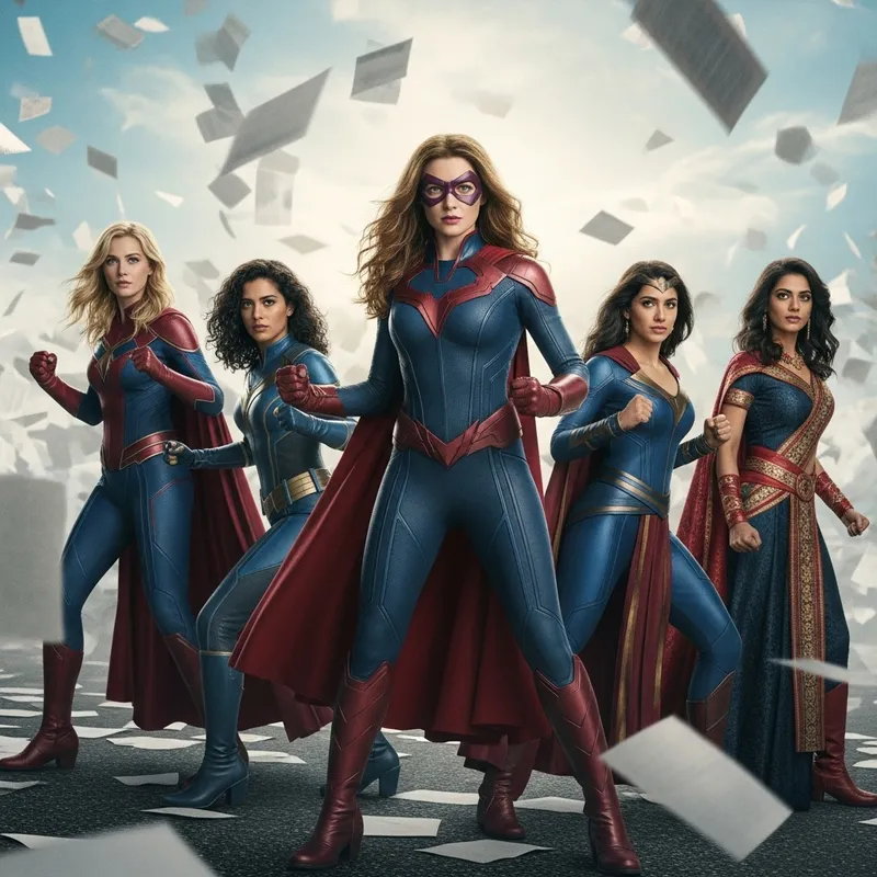 Powerful Female Superheroes in Epic Battle Scene Powerful Female Superheroes in Epic Battle Scene