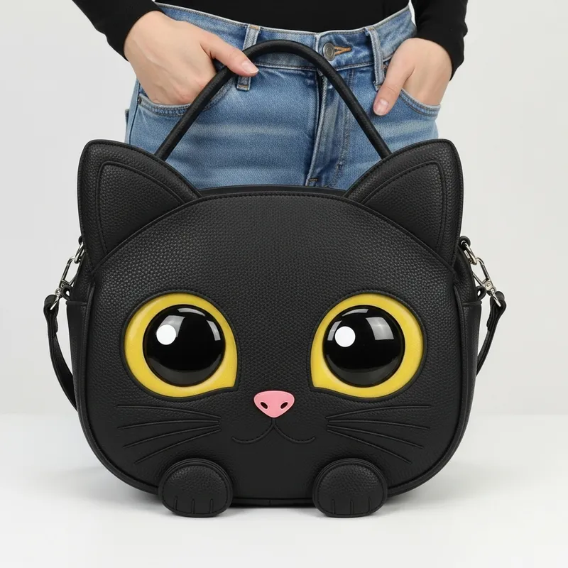 Unique Black Cat Women's Bag with Oversized Expressive Eyes