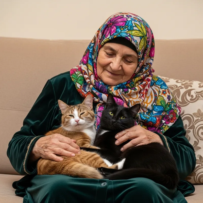 Sweet Lady in Hijab with Adorable Cats on Beige Couch