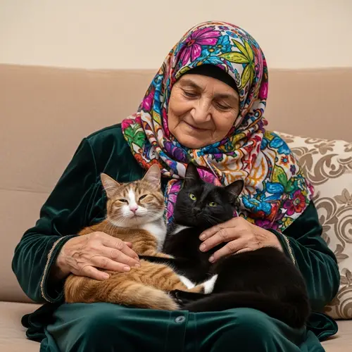 Elderly Woman in Colorful Hijab with Two Cats on Beige Couch