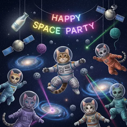 Cat Space Party: Adorable Feline Soiree in Deep Space