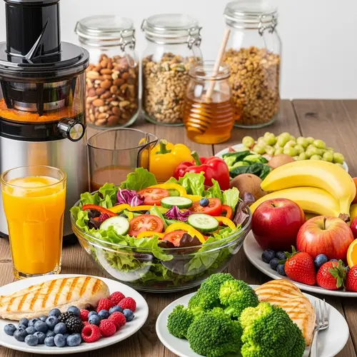 Healthy Foods Illustration: Fresh Salad, Fruits, Chicken & Juicer