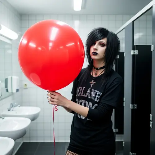 Unique Emo Style: Red Balloon in Public Restroom