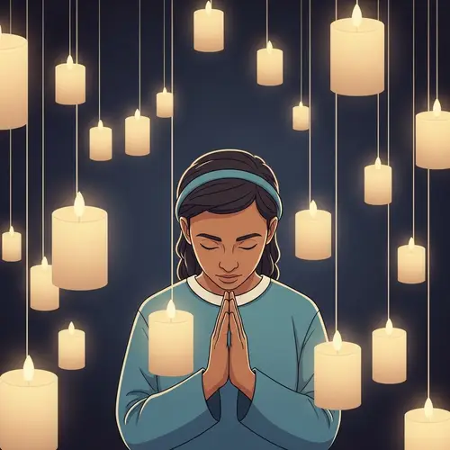 Gender Ambiguous Person in Prayer Surrounded by Glowing Candles