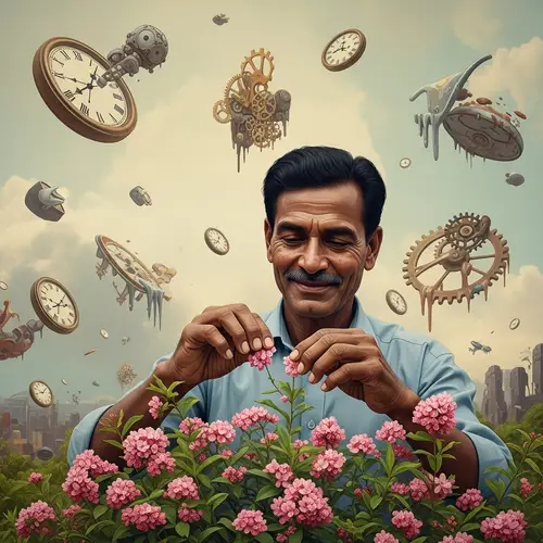 Surrealistic Scene: South Asian Man Tenderly Breaking Blooming Flowers