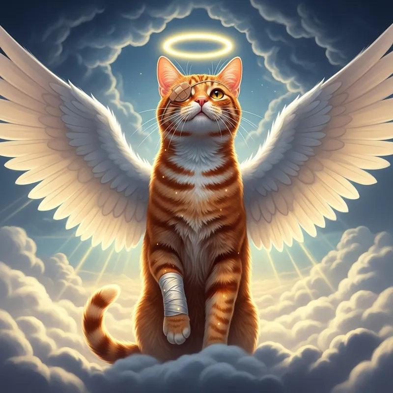 Red Cat with Angel Wings in a Realistic Style Among Clouds