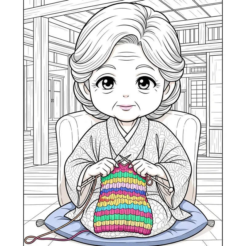 Chibi Grandma Knitting: Kawaii Anime Coloring Book Scene Chibi Grandma Knitting: Kawaii Anime Coloring Book Scene