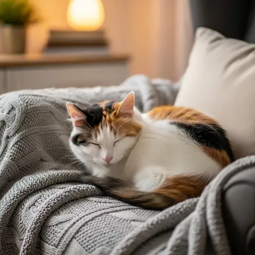 Calico Cat Sleeping in Cozy Living Room - Adorable Pet Nap