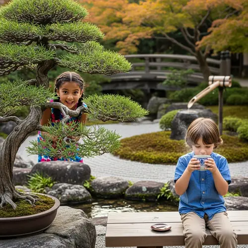 Tranquil Japanese Garden with Hidden Girl and Tea-Drinking Boy
