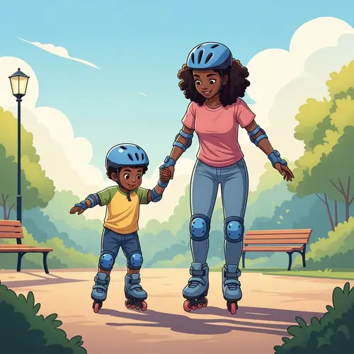 Cartoon Young Black Mother Teaches Son Roller Skating