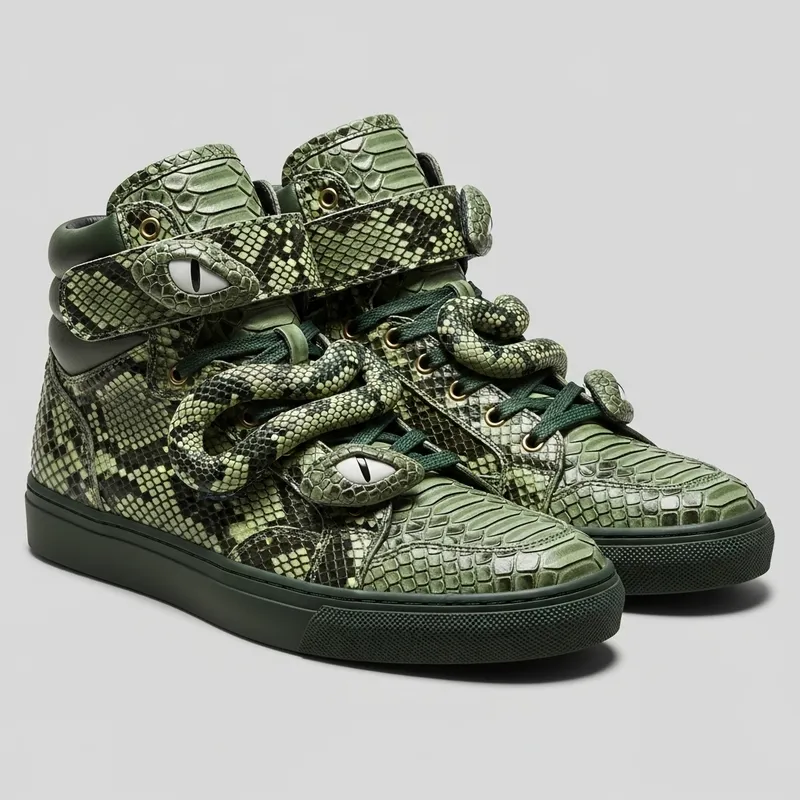Snekeas: Green Faux-Snake High-Top Sneakers