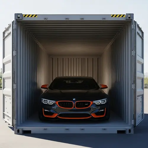 Striking Black and Orange Car in Container - Dramatic Scene