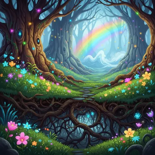 Enchanting Magical Forest Scene | Vibrant Flowers & Ancient Trees